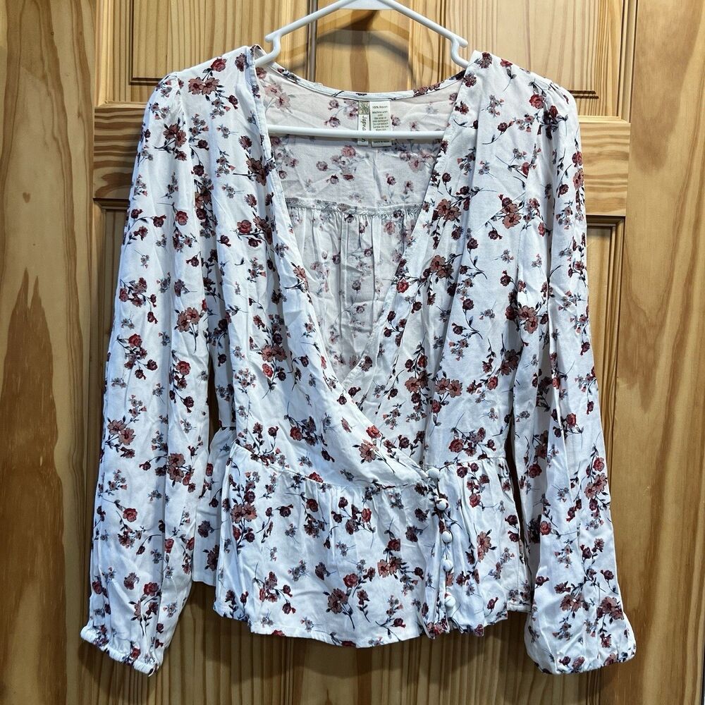 Japna Floral Wrap Blouse Womens Small Cream Red Long Sleeve Peplum Top Button